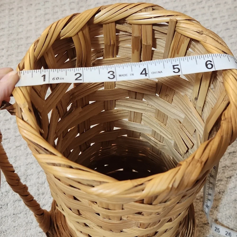 Tall Vintage Woven Wicker Basket Pitcher Vase With Handle - Natural Brown
